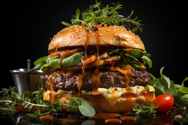 Gourmet-Festmahl mit köstlichen Rindfleisch-Burgern und Gemüse auf strukturiertem schwarzem Hintergrund