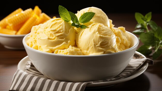 Foto gourmet-gelato mit süßem mais auf weißem hintergrund