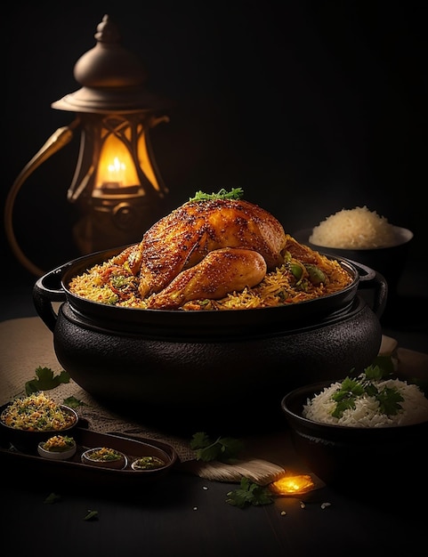 Gourmet grandes piezas de pierna de pollo biryani con arroz basmati al vapor generado luz misteriosa que