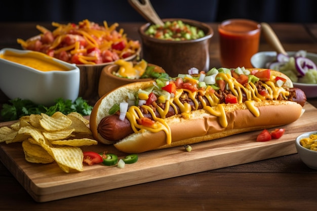 Gourmet-Grill-Hot-Dog mit Rindfleisch und Chips, köstliche und einfache Hot-Dogs mit Senf, Pfeffer, Zwiebeln und Nachos, Hot-Dog, voll beladen mit verschiedenen Toppings auf einem Paddelbrett