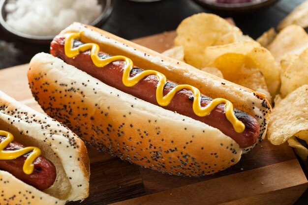 Gourmet Grilled All Beef Hots Dogs com flancos e batatas fritas