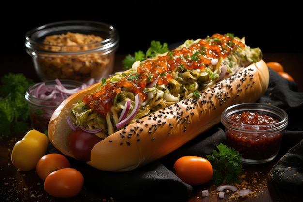 Gourmet-Hotdog mit Gurken und Schnittlauch generativ IA