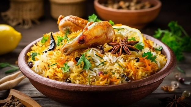 Gourmet-Hühnchen-Biryani mit gedämpftem Basmatireis