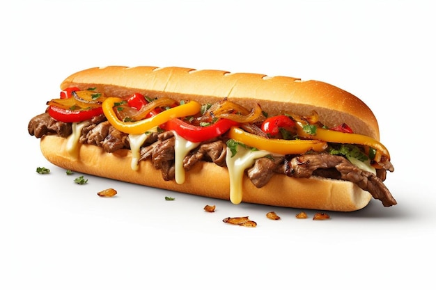 Gourmet Indulgência Deluxe Cheesesteak Delicia em fundo branco Comida deliciosa