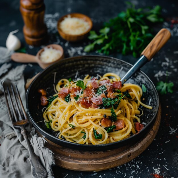 Gourmet-italienische Pasta Carbonara mit knusprigem Speck und Parmesan auf dunklem Hintergrund