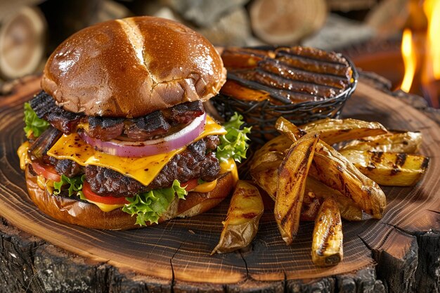 Gourmet-Käseburger mit gegrilltem Fleisch, Tomaten, Zwiebeln und rustikalen Brötchen