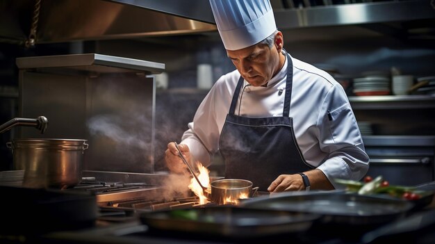 Foto gourmet-küchenhandwerk koch in der küche eines gehobenen restaurants