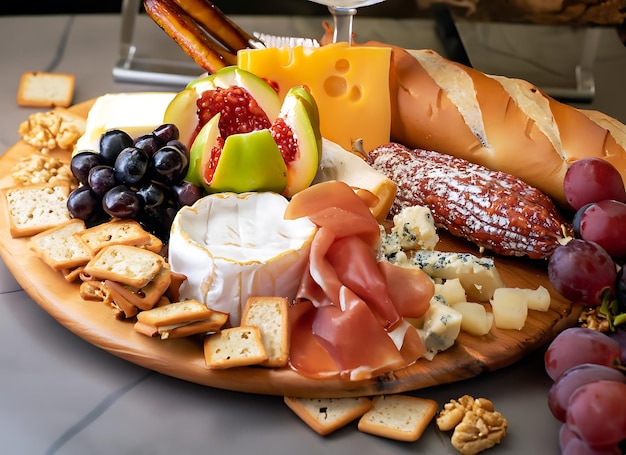 Foto gourmet-lebensmittel charcuterie-tafel mit einer vielzahl von köstlichen handwerklichen käsesorten