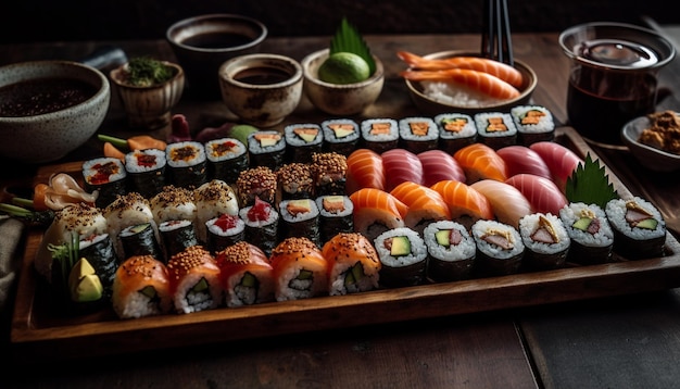 Gourmet-Meeresfrüchtegericht Sushi Sashimi und Nigiri auf Holzteller, generiert durch künstliche Intelligenz