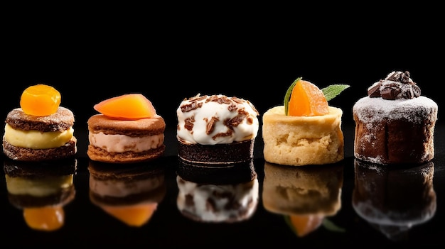 Foto gourmet-mini-desserts, mini-kuchen mit schwarzem hintergrund
