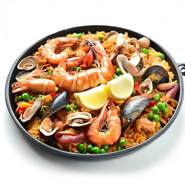 Gourmet-Paella mit frischen und gesunden Meeresfrüchten auf weißem Hintergrund