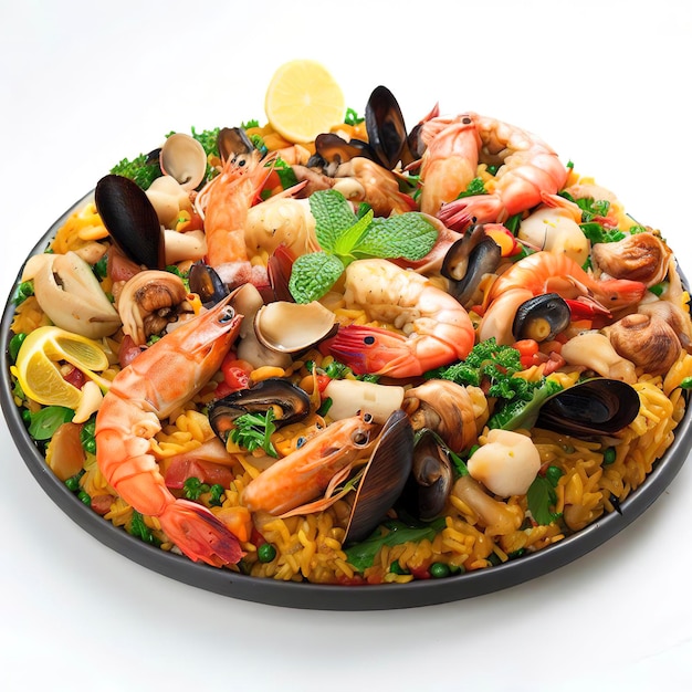 Gourmet-Paella mit frischen und gesunden Meeresfrüchten auf weißem Hintergrund