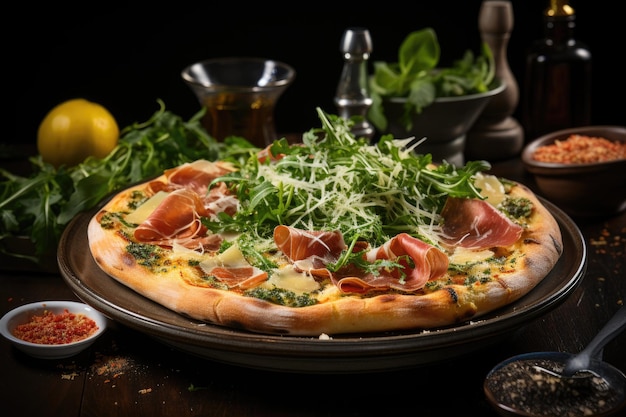 Gourmet-Pizza mit Rucola-Prosciutto und Parmesan, eine Explosion von Aromen und Farben von Generative IA