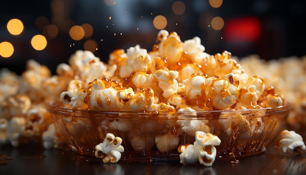 Foto gourmet-popcorn ein kinosnack, der in einem dunklen kino von künstlicher intelligenz generiert wird