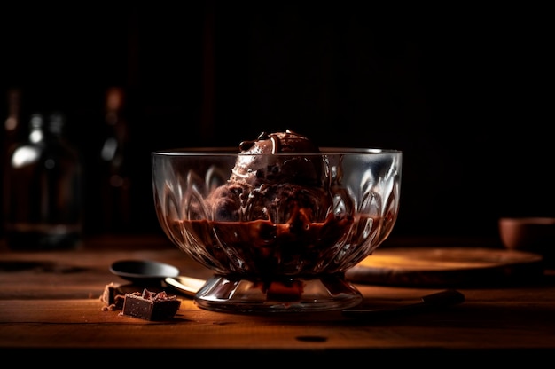 Gourmet-Schokoladeneis in Glasschüssel auf dem Tisch der Eisdiele Rustikales Holz AI erzeugtes gefrorenes Dessert