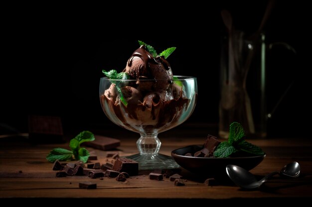 Gourmet-Schokoladeneis in Glasschüssel auf dem Tisch der Eisdiele Rustikales Holz AI erzeugtes gefrorenes Dessert