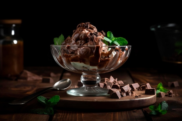 Gourmet-Schokoladeneis in Glasschüssel auf dem Tisch der Eisdiele Rustikales Holz AI erzeugtes gefrorenes Dessert