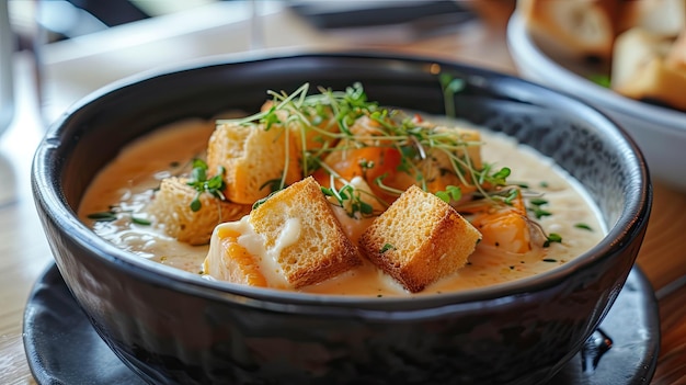 Gourmet Snacking Arte culinária com croutons e queijo creme de veludo