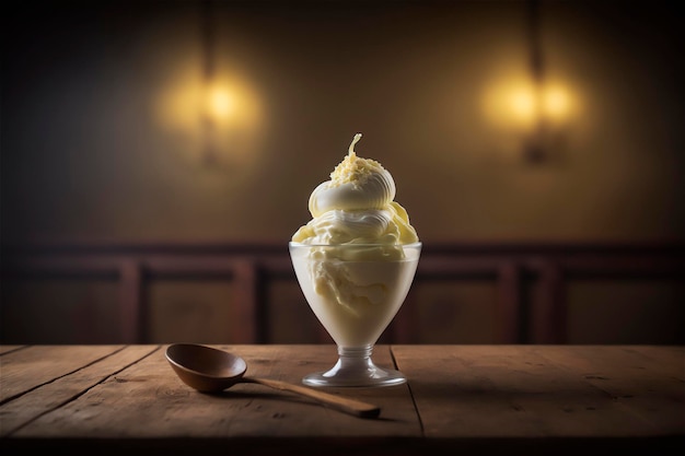 Gourmet-Vanilleeis in Glasschüssel auf Eissalontisch AI erzeugtes gefrorenes Dessert