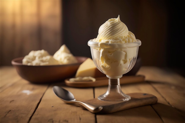 Gourmet-Vanilleeis in Glasschüssel auf Eissalontisch AI erzeugtes gefrorenes Dessert