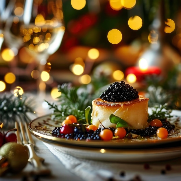 Gourmet-Vorbereitung mit schwarzem Kaviar auf einem festlichen Tisch mit Weihnachtslichthintergrund