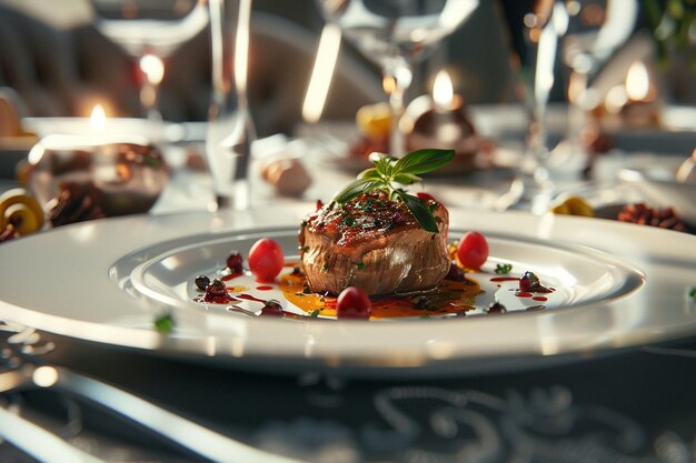 Foto gourmetgerichte, die schön auf feinem porzellan präsentiert werden