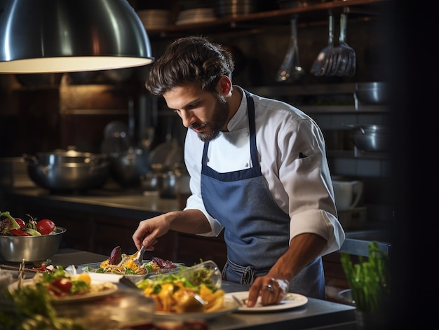 Gourmetkoch in Uniform, der in einer Restaurantküche kocht, männlicher Koch mit Schürze, der an der Küchenplatte steht und Essen zubereitet