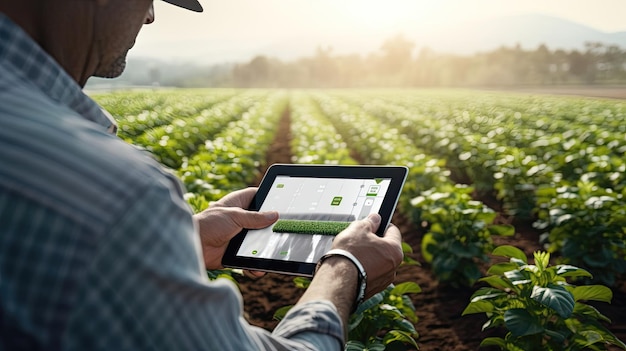 GPS auf einem Tablet nutzt datengesteuerte Erkenntnisse, um die Feldbewirtschaftung zu optimieren, Prozesse zu rationalisieren und höhere Erträge zu erzielen und moderne landwirtschaftliche Praktiken zu revolutionieren. Generiert durch KI