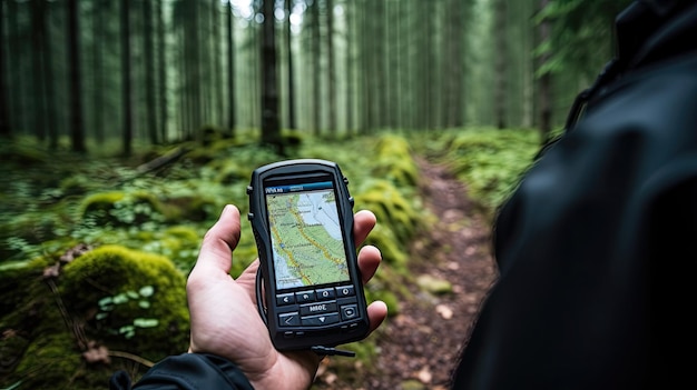 GPS-Gerät während der Navigation in der Wildnis, wo moderne Technologie und die Schönheit der Natur zusammenkommen, um eine sichere Erforschung zu gewährleisten.