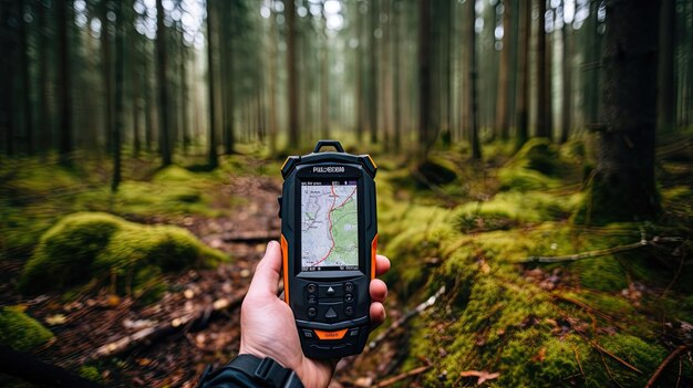 GPS-Gerät, während sie raue Pfade und abgelegene Landschaften mit berechneter Navigation überwinden und ihren eigenen Weg in der aufregenden Welt der Outdoor-Erkundung finden, die von KI generiert wird