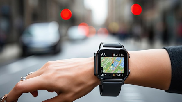 GPS en un reloj inteligente mientras corren por la bulliciosa ciudad fusionando sin problemas la tecnología con su rutina activa para rastrear su ruta generada por IA