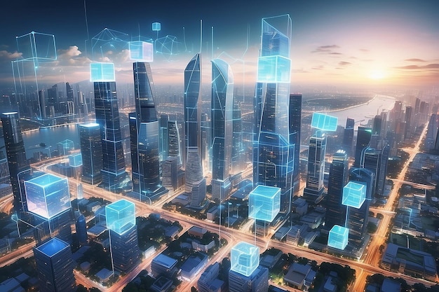 Grabacielos de la ciudad de Singapur vista panorámica del centro de la ciudad Interfaz digital con conexión de línea con cubos en primer plano Concepto de comercio en la megapolis moderna