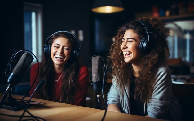 Grabación Risas Mujeres Jóvenes Presentan Podcast Generativo Por Ai