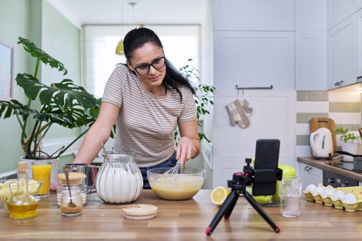 Foto grabación de video femenino de una receta de pastel de manzana en un teléfono inteligente en casa en la cocina