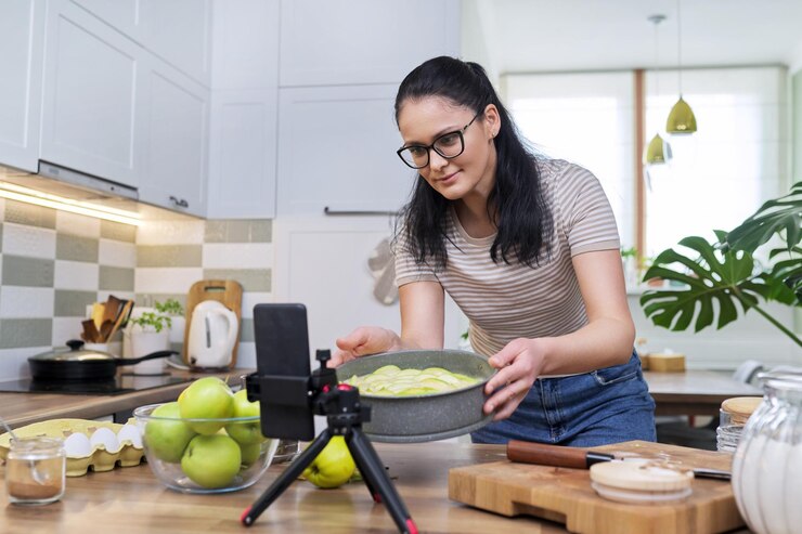 Foto grabación de video femenino de una receta de pastel de manzana en un teléfono inteligente en casa en la cocina