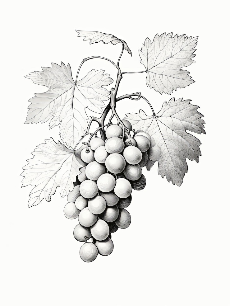 Foto un grabado detallado de un racimo de uvas con hojas