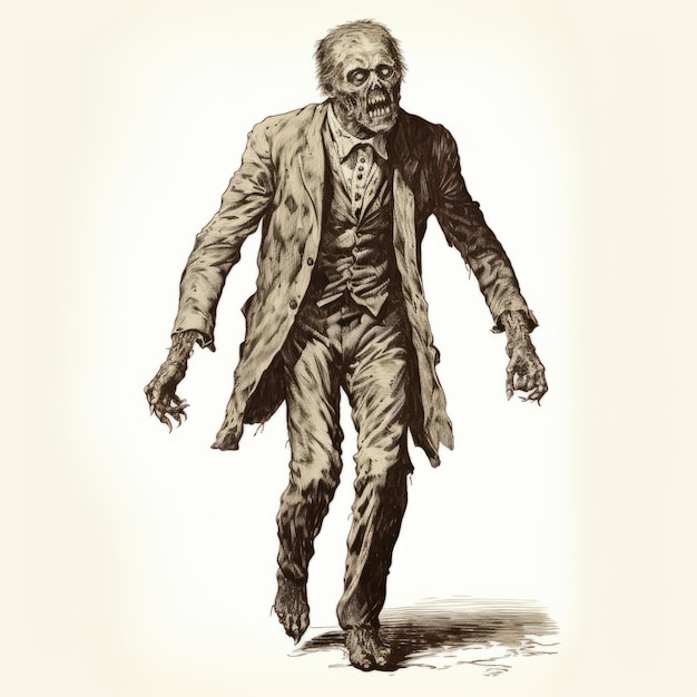 Un grabado en madera antiguo de un zombi en traje sobre un fondo blanco.