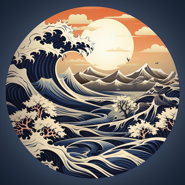 Foto grabado en madera de estilo japonés, ilustración estilo ukiyoe de un tsunami o una gran ola oceánica con un sol o una luna rojos en el fondo
