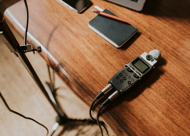 Foto grabador de sonido portátil del periodista sobre una mesa de madera