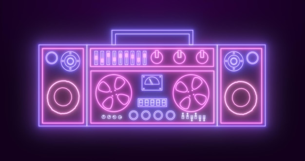 Grabadora retro de neón para escuchar canciones antiguas hipster vintage azul violeta luminoso