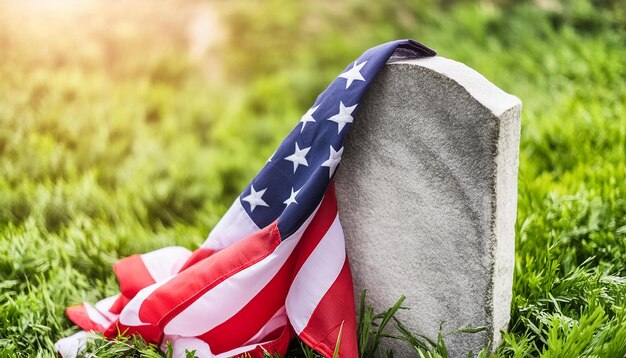 Foto grabstein und amerikanische flagge auf grüner wiese memorial day bundesfeiertag in den usa