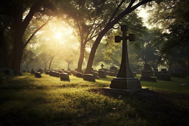 Grabsteine auf einem Friedhof bei Sonnenaufgang