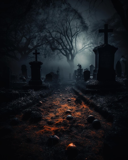 Grabsteine auf einem Friedhof in der Nacht mit Nebel. Halloween-Konzept