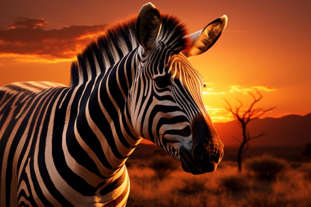 Graça do pôr-do-sol Zebra na savana silueta contra o pôr- do-sol