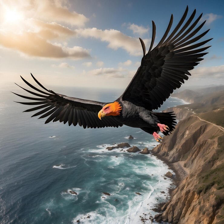 Grace Condor de California en el aire sobre el azul del océano