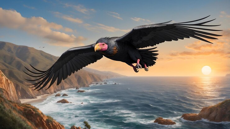 Grace Condor de California en el aire sobre el azul del océano