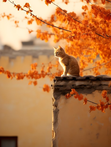 Gracia felina en una pared de color otoño de arquitectura tradicional con una composición sencilla