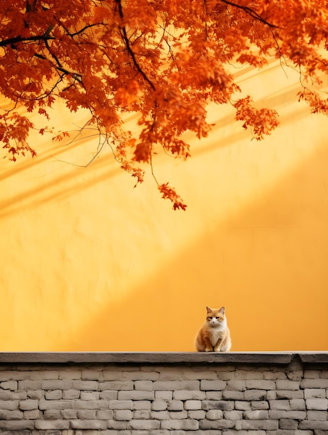 Gracia felina en una pared de color otoño de arquitectura tradicional con una composición sencilla