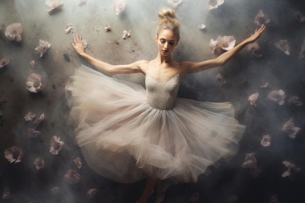 Graciosa bailarina esticando fundo de balé vista de cima