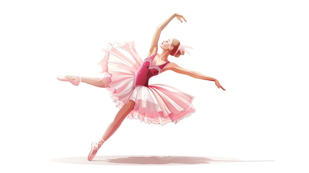 La graciosa bailarina con un tutu rosa está bailando sobre un fondo blanco está en el aire con los brazos extendidos y la pierna extendida